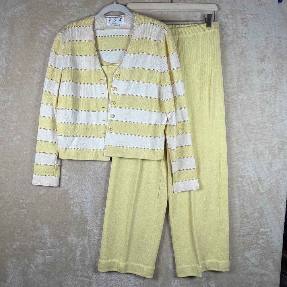 J.S.S. Vintage 3 Pc Knit Set Sm Yellow Striped Cardigan Tank Wide Leg Pants Wool